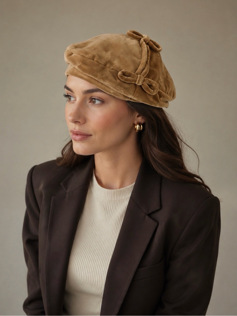 Vintage Ruby Ross New York Camel Velvet Bow Beret Toque Hat 19”